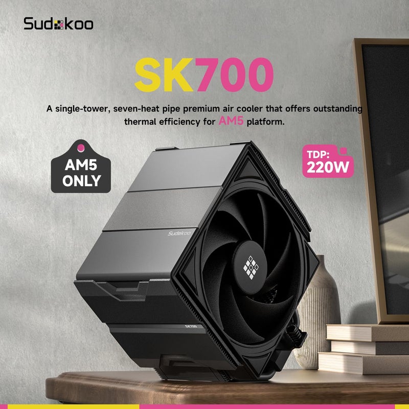 Sudokoo مبرد الهواء SK700 AM5: مبرد CPU بـ 7 أنابيب حرارية حصري لـ AM5 - برج واحد أسود لتبريد الكمبيوتر مع مروحة هادئة FDB PWM بحجم 120 مم وتركيب قفل L-Rail - Image 2